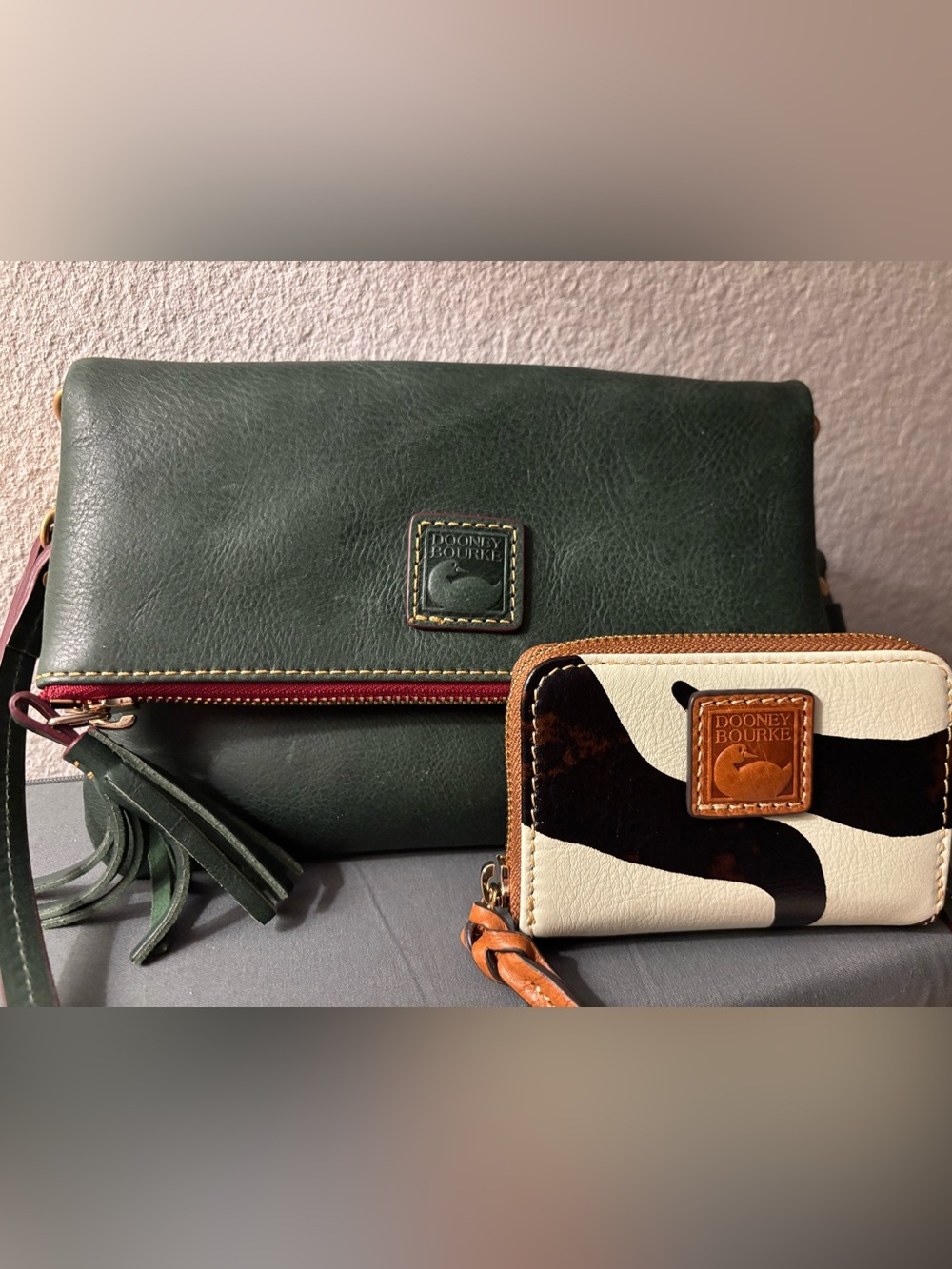 Dooney & Bourke Ivy Green Florentine Leather Crossbody/Clutch & Zebra Wallet Set